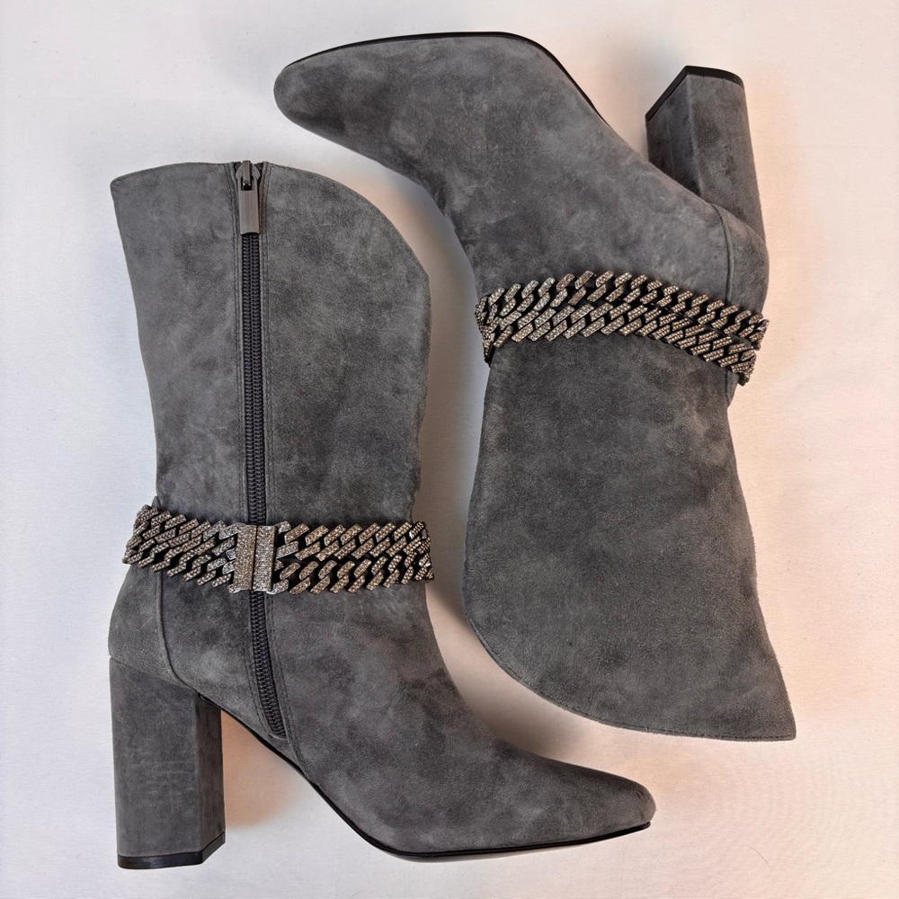 WHBM Suede Boots Chain Bracelet Chunky Mid Heel Boot Smoked Pearl Size 6 - Picture 7 of 16